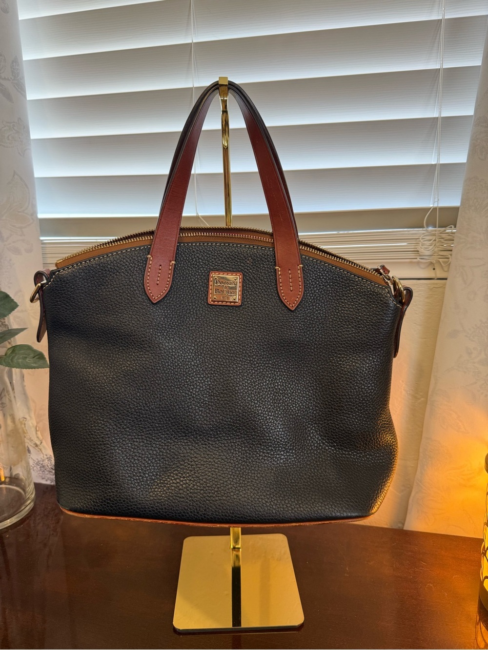 Dooney & Bourke Pebbled Leather Zip Satchel Tote Black Cognac Medium